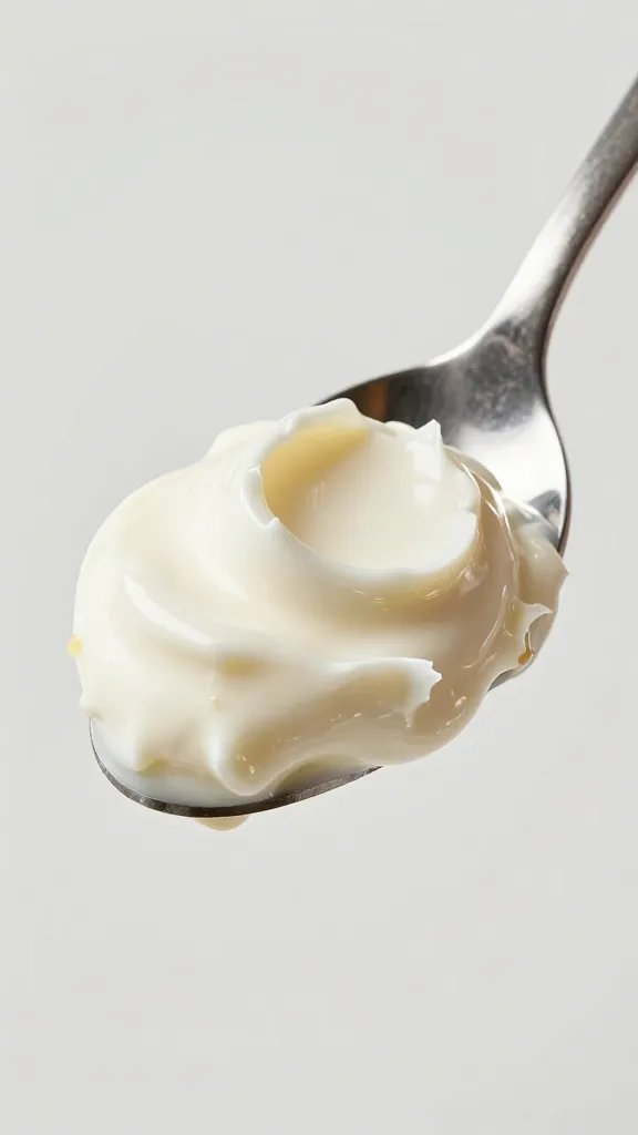 spoonful of mascarpone-erythritol cream, glossy, studio lighting
