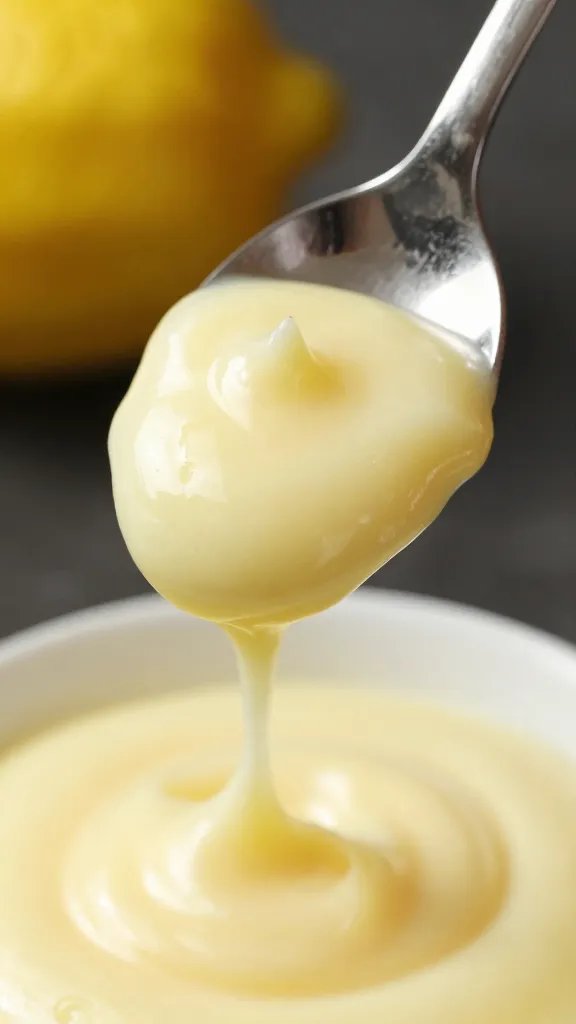 glossy spoonful of lemon crema al limone, macro shot