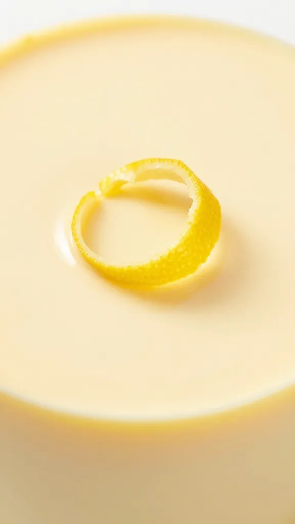 single fresh lemon zest curl on custard surface, closeup