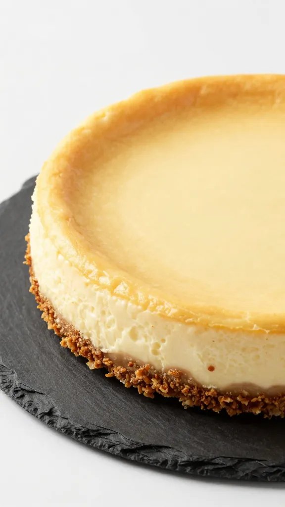 crustless mascarpone cheesecake, smooth top, on black slate