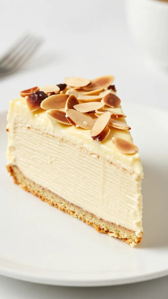 closeup slice of keto Italian almond cream cake on white plate