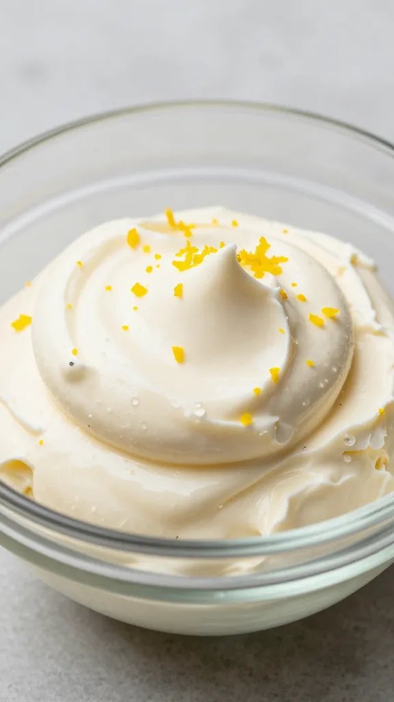 mascarpone cream dollop with lemon zest in glass bowl, macro