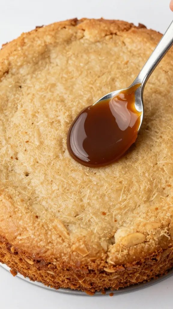 almond-flour cake layer brushed with amaretto, overhead closeup