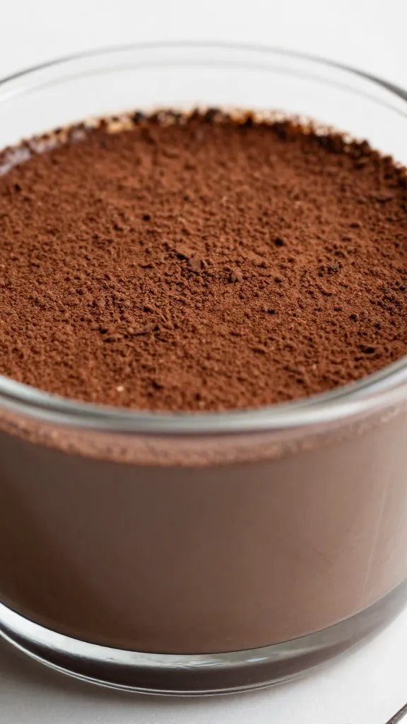 closeup Italian chocolate custard in glass ramekin, cocoa-dusted