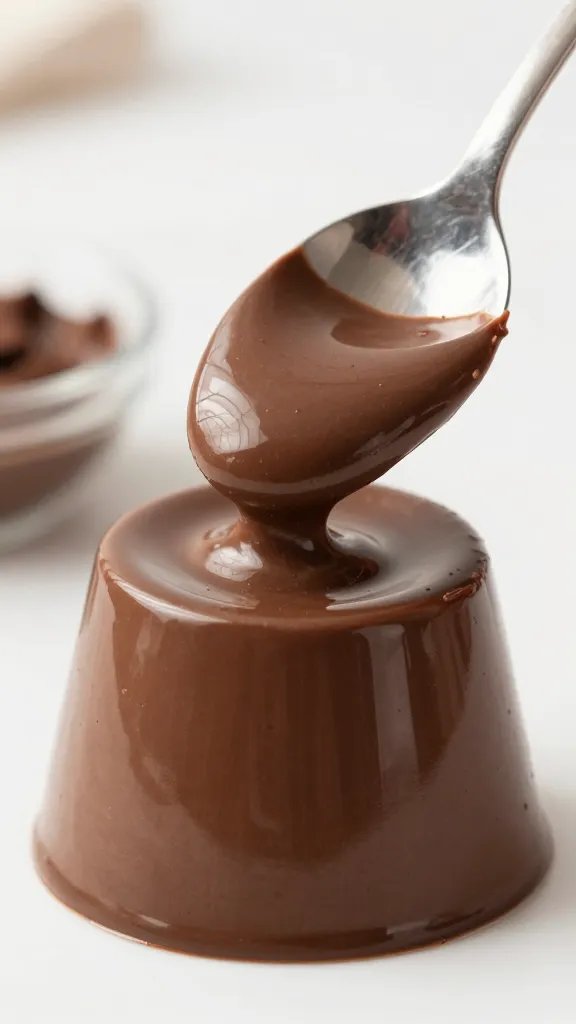 spoon sinking into silky low-carb chocolate budino, soft focus