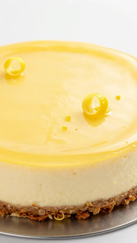 glossy keto limoncello cheesecake topped with lemon zest curls