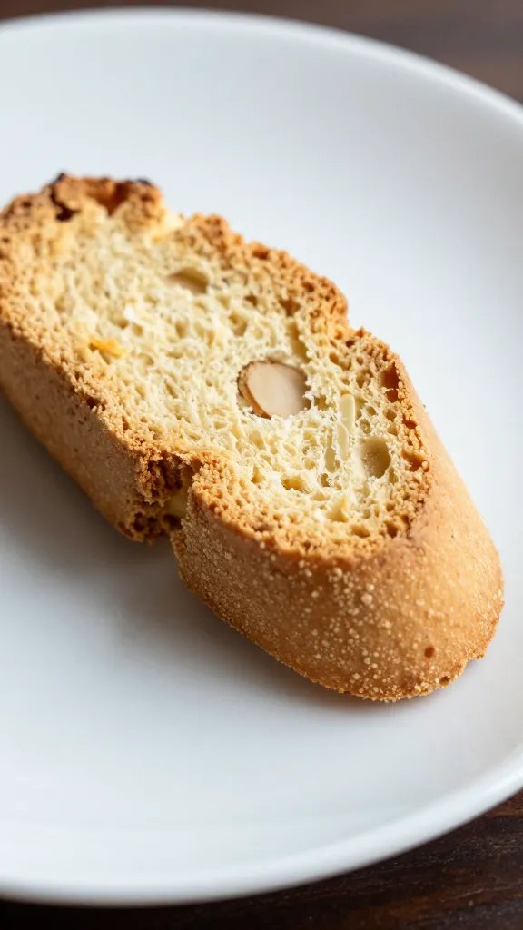 closeup of almond flour biscotti bite on white saucer