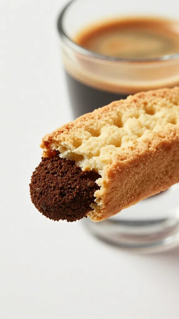 single biscotti bite half-dipped in espresso, macro shot