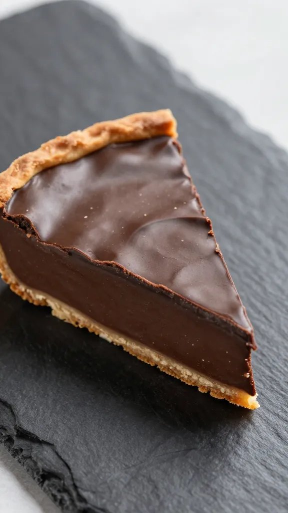 closeup slice of low-carb Italian chocolate tart on slate