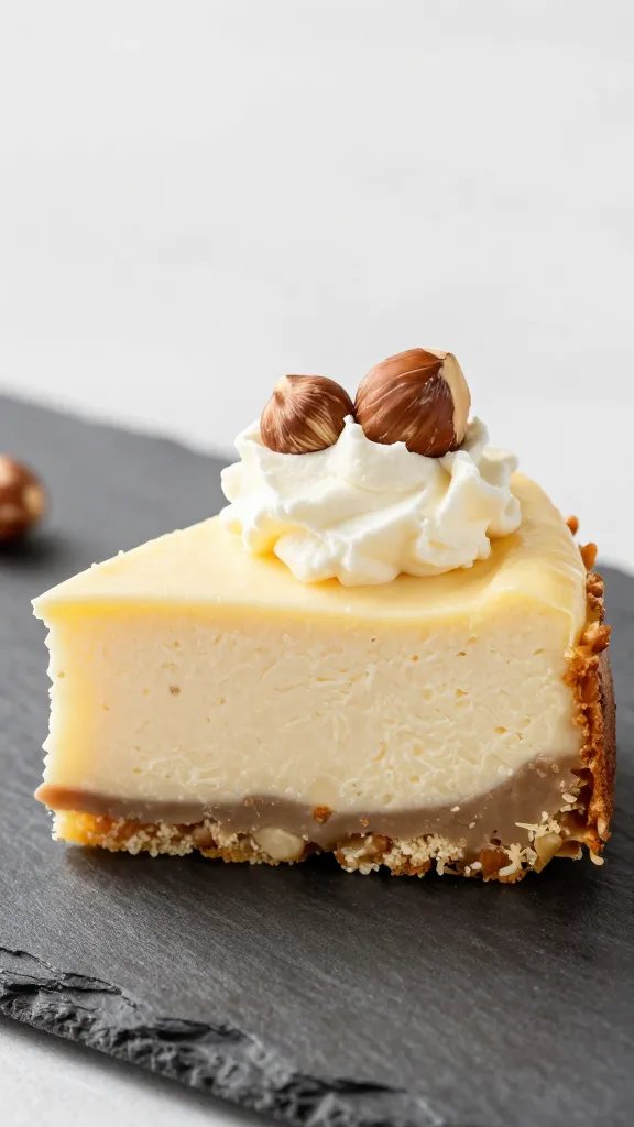 closeup slice of keto hazelnut ricotta cheesecake on slate