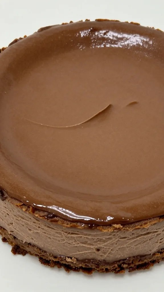 glossy cocoa-swirled ricotta cheesecake top, single fork mark