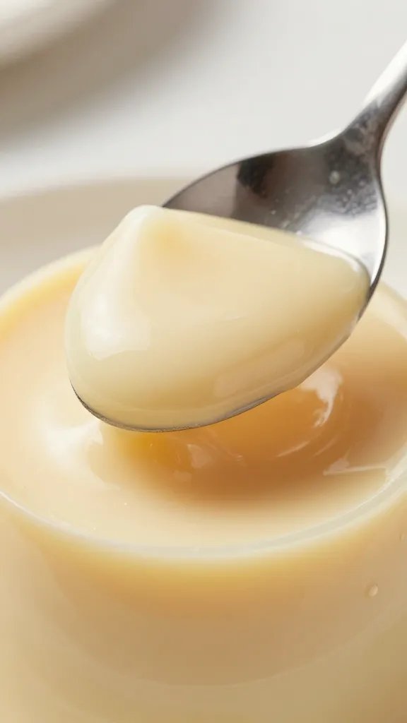 spoonful of silky almond pudding, glossy surface, macro