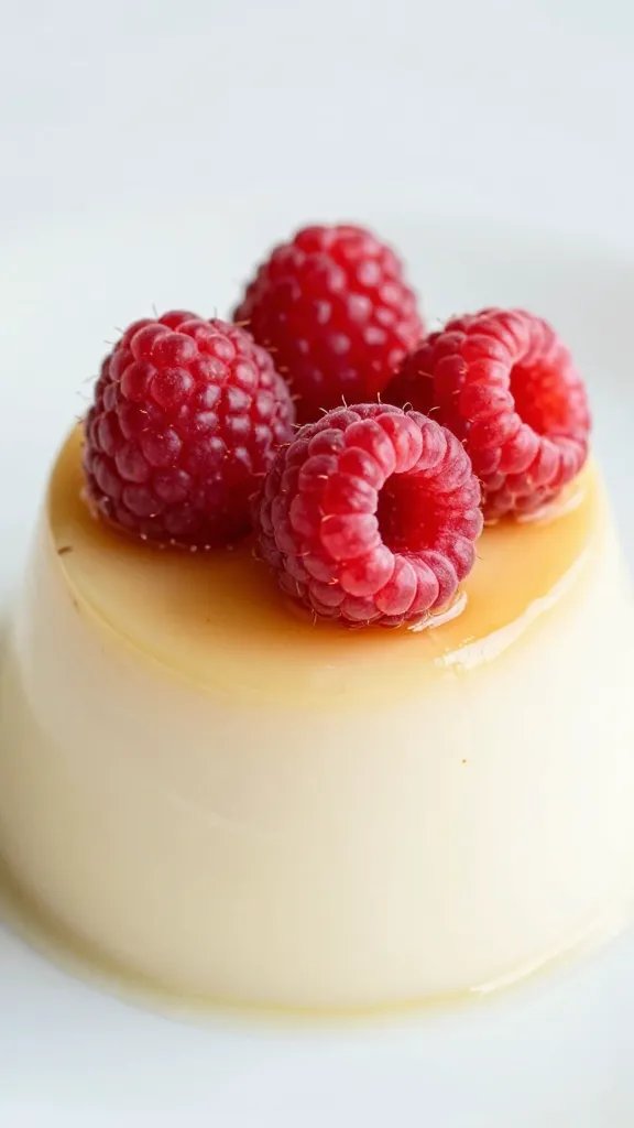 single almond panna cotta topped with three raspberries, closeup