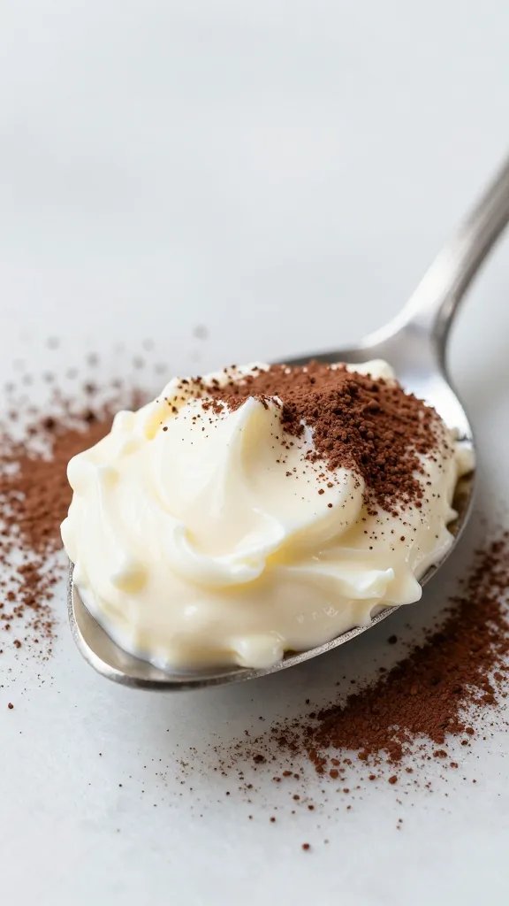 spoonful of silky mascarpone cream dusted with cocoa