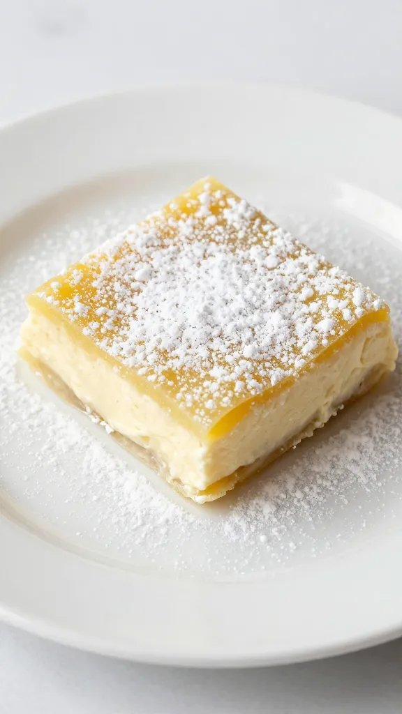 single lemon ricotta bar on white plate, powdered sweetener dust