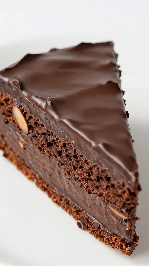 closeup slice of keto Italian chocolate almond cake, glossy top