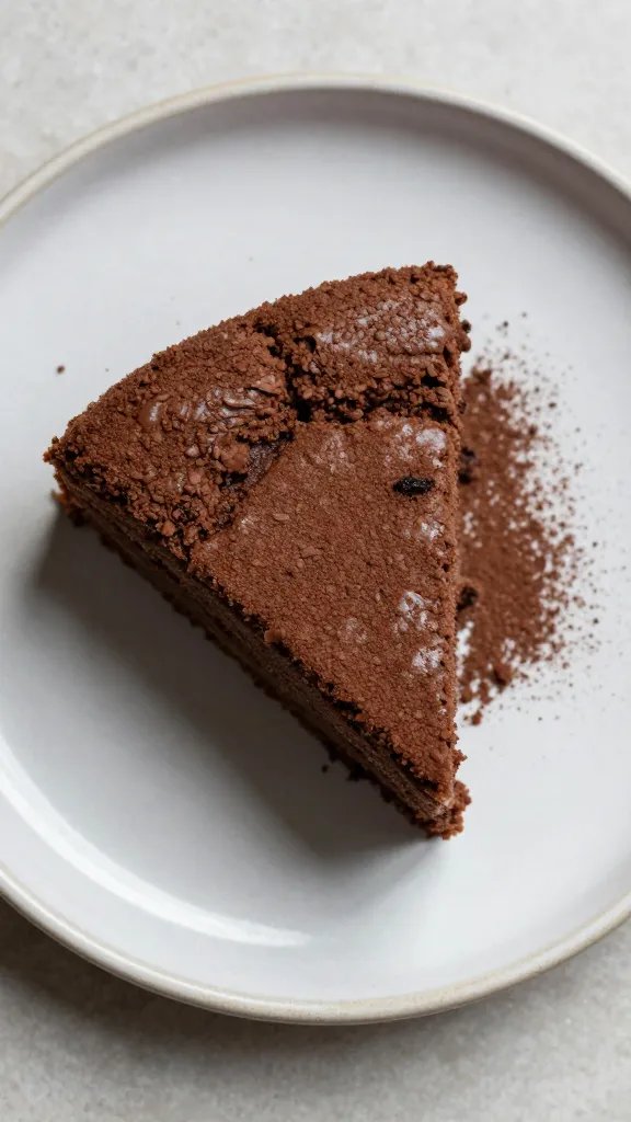 overhead shot of a single cocoa-dusted cake slice, rustic plate