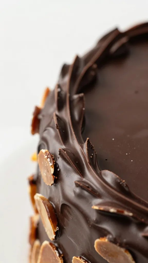 macro of dark chocolate olive oil glaze on almond cake edge