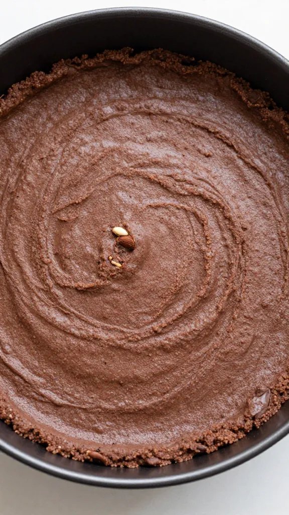 almond flour chocolate crust pressed in springform pan, overhead closeup