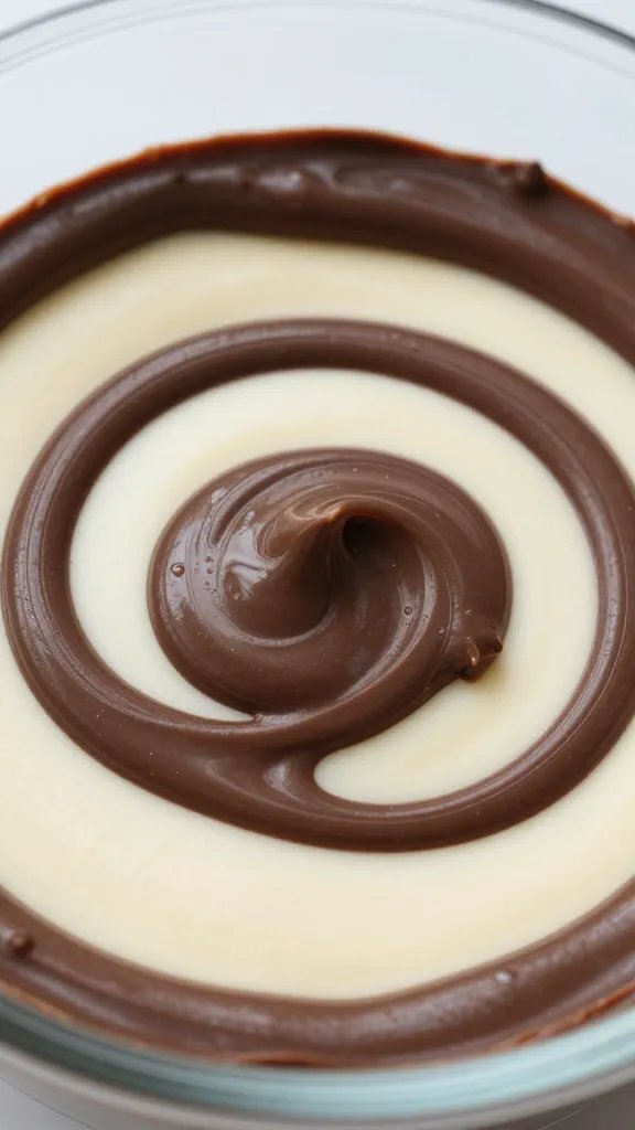 ricotta chocolate cheesecake batter swirling in bowl, glossy closeup