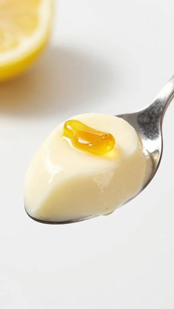 single spoonful of lemon ricotta mousse, glossy zest garnish