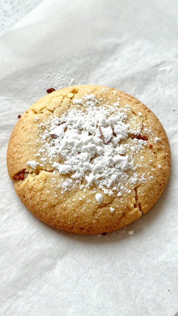 single powdered almond cookie resting on parchment, soft crumbs
