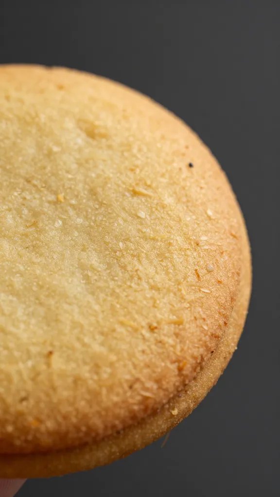 golden almond tea cookie dipped in earl grey, macro shot