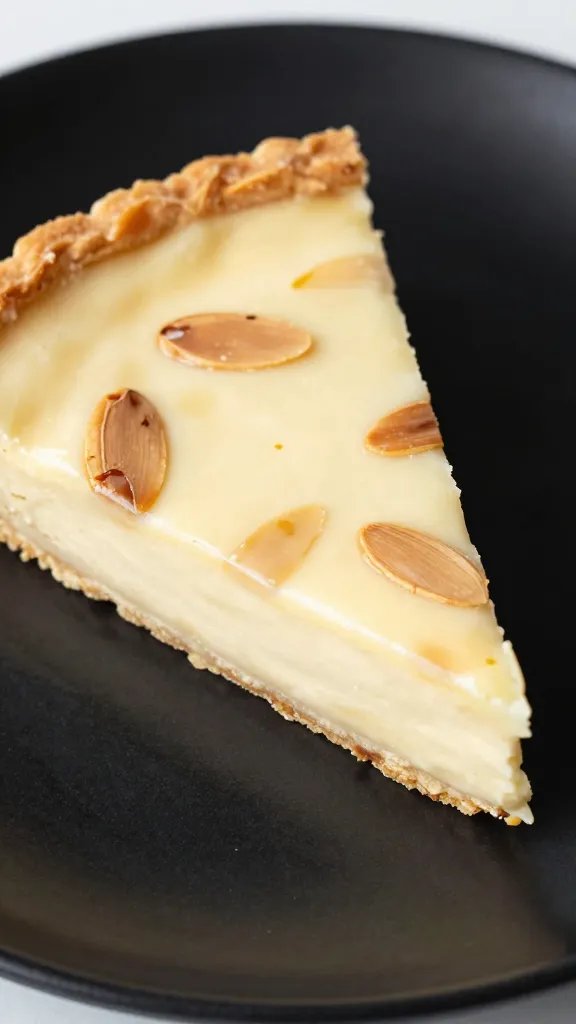 closeup keto vanilla almond tart slice on matte black plate