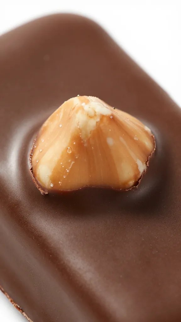 macro shot of chocolate glaze cracking atop hazelnut bar