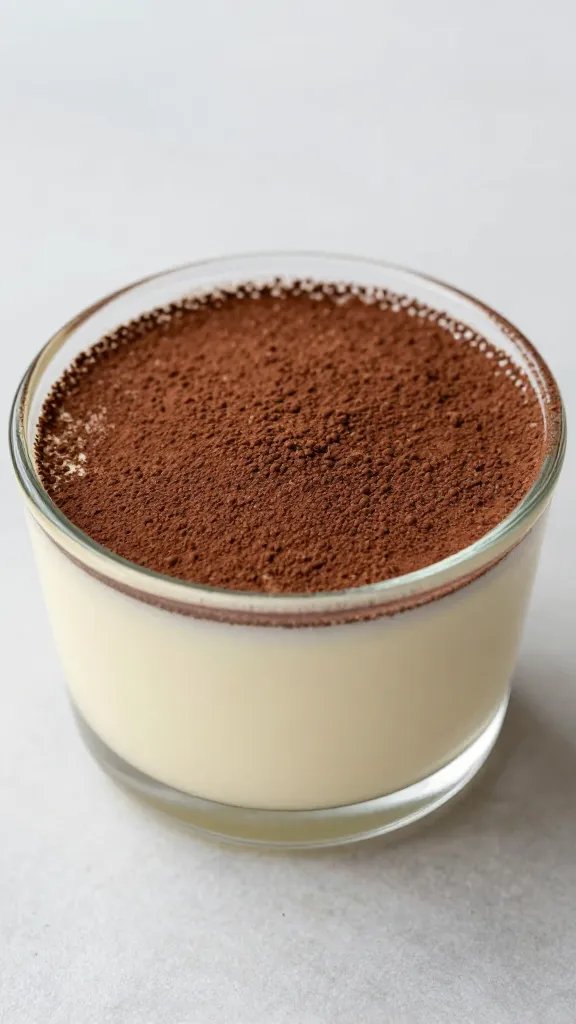 single glass ramekin of ricotta pudding, cocoa dusted top