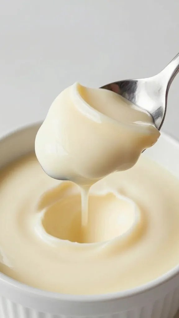 spoonful of silky ricotta pudding held above white bowl