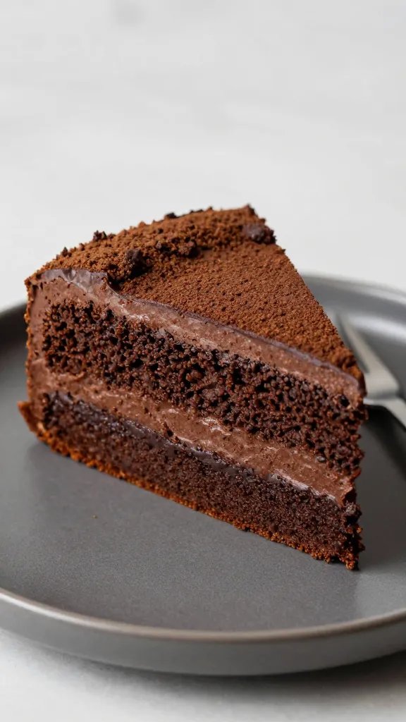 closeup slice of keto chocolate espresso cake on matte plate