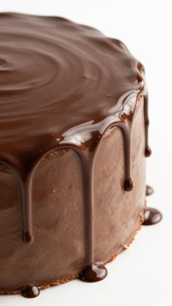 glossy keto chocolate ganache drip on espresso cake edge