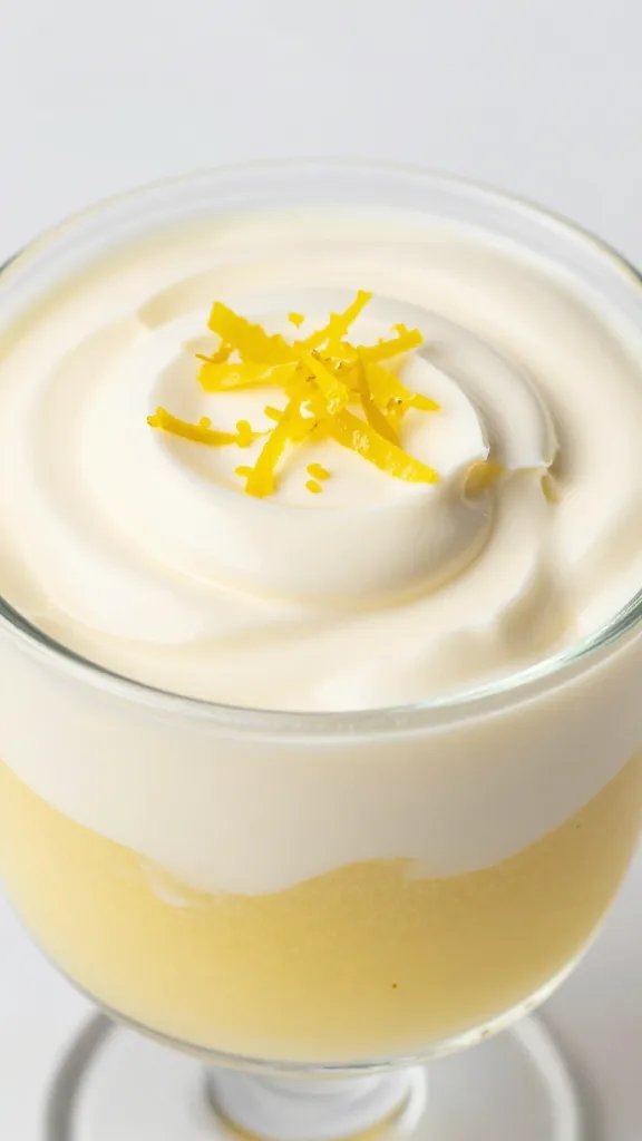 closeup lemon mascarpone cup in glass, lemon zest garnish