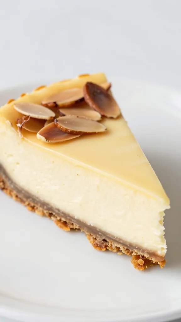 closeup slice of keto Italian almond cheesecake on white plate