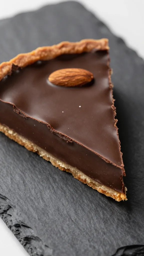 closeup slice of low-carb chocolate almond tart on slate