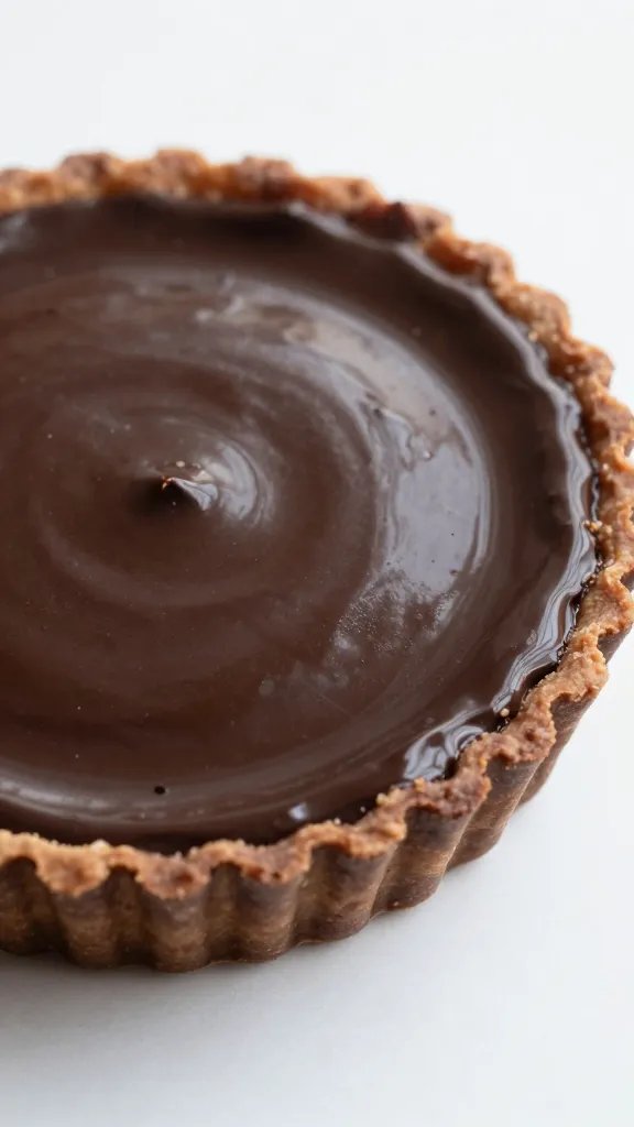 glossy dark chocolate ganache tart in fluted tart pan