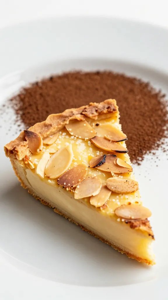 single tart slice with toasted almond crust and espresso backdrop