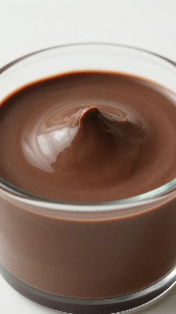 closeup of glossy low-carb chocolate budino in glass ramekin