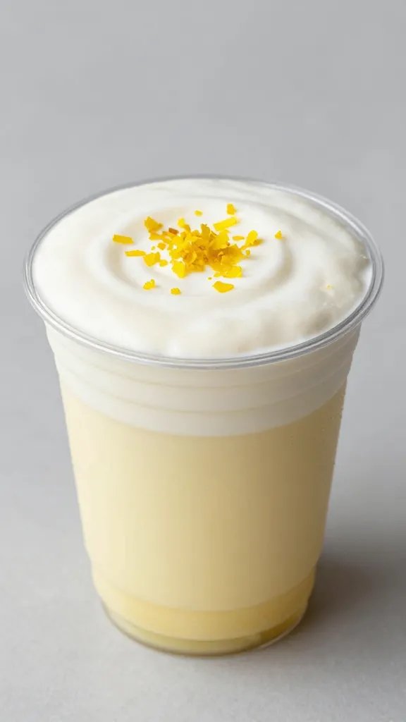 single chilled lemon cream cup with lemon zest garnish