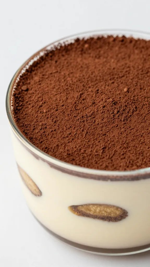 dusted cocoa on tiramisu-style ricotta cup, shallow depth