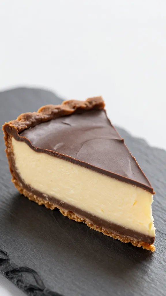 closeup slice of low-carb mascarpone chocolate tart on slate