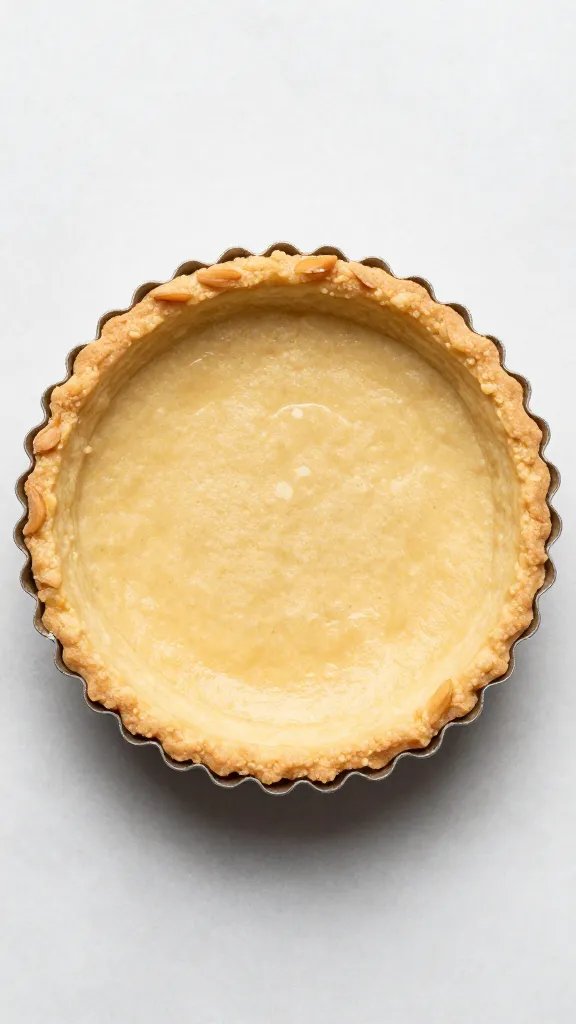 single almond flour tart crust in fluted tin, golden, overhead