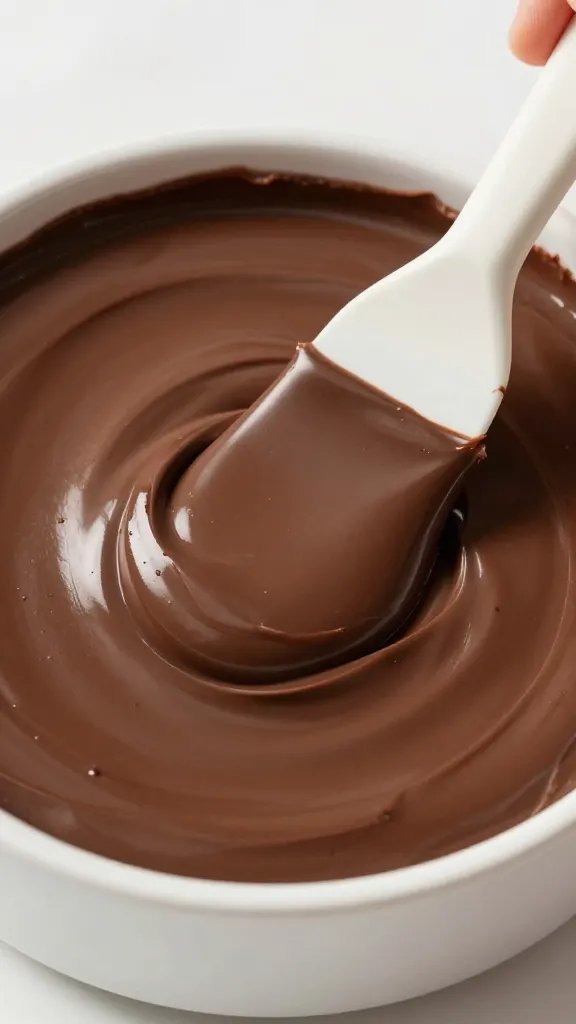 glossy dark chocolate mascarpone filling being smoothed with offset spatula