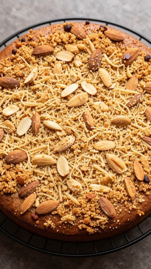 overhead of whole almond flour cake with crisp top, rustic