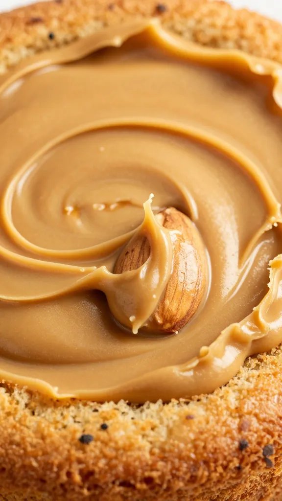 macro shot of almond butter swirled on warm Tuscan-style cake