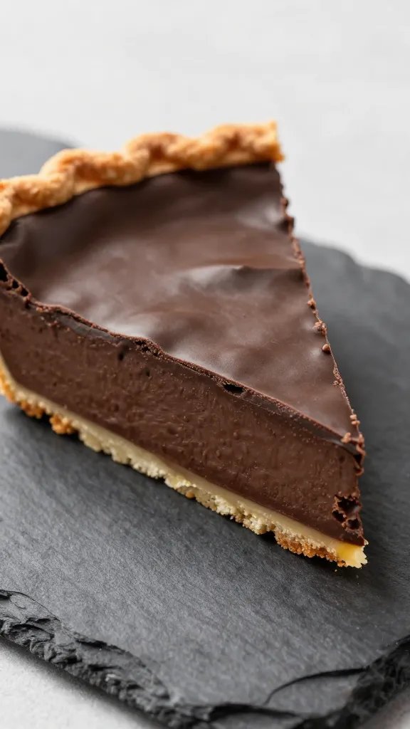 closeup slice of low-carb chocolate ricotta pie on slate