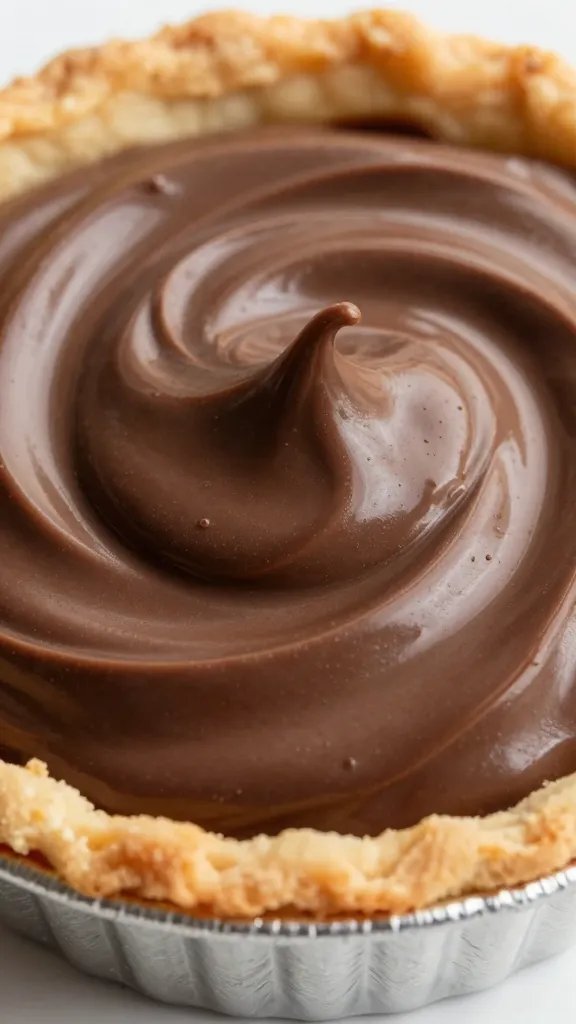 glossy chocolate ricotta filling swirled in pie tin, macro