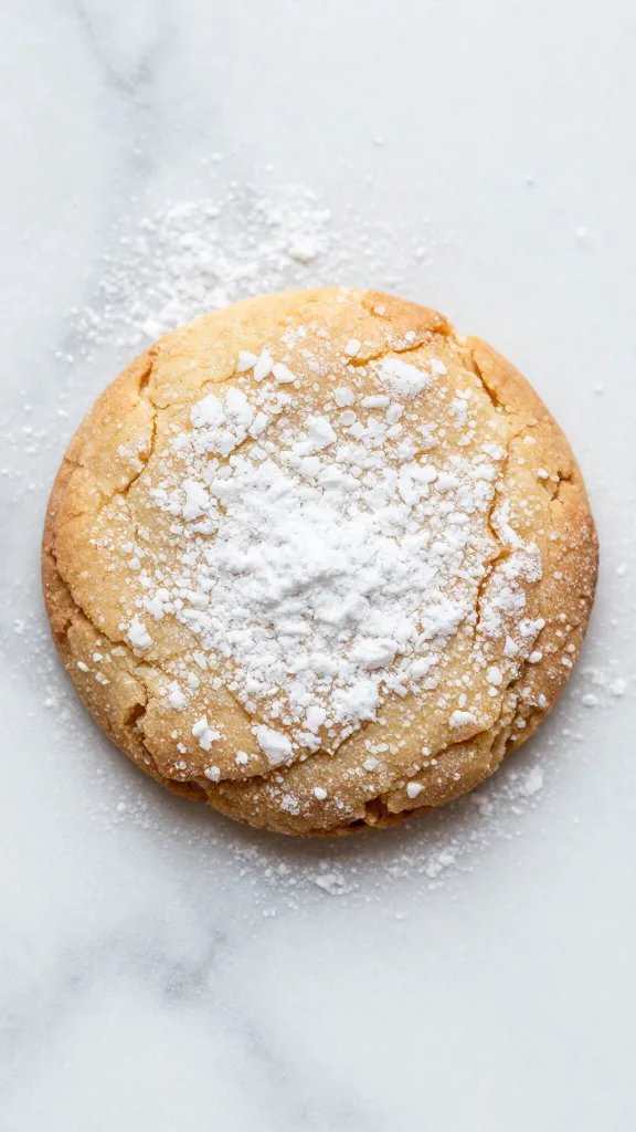 single almond cookie dusted with powdered sugar on marble