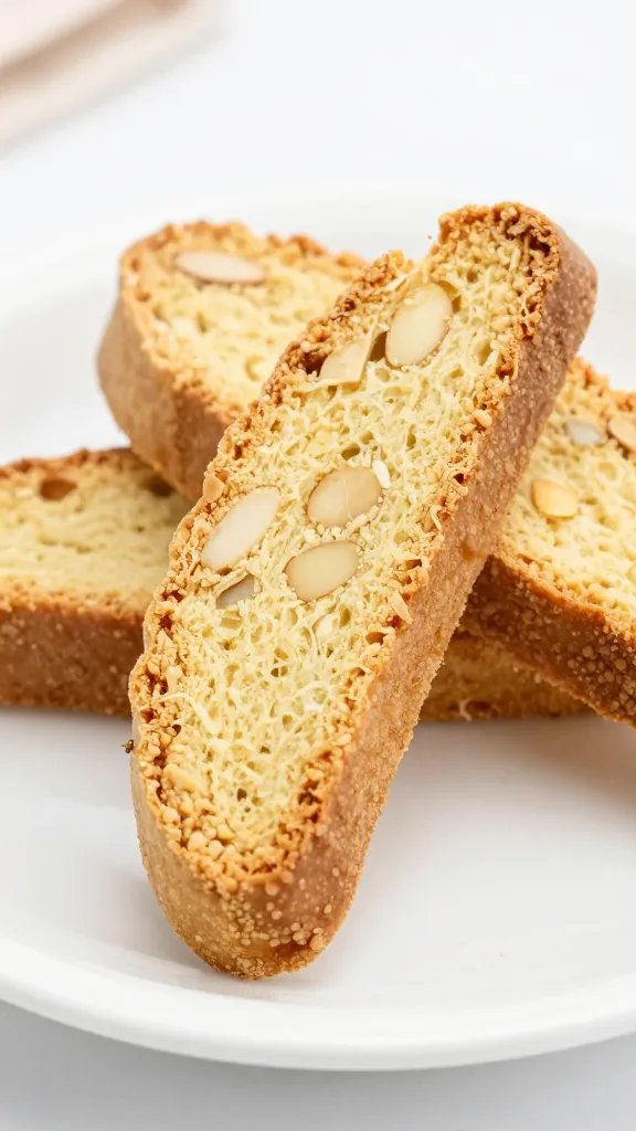 closeup of keto vanilla almond biscotti on white saucer